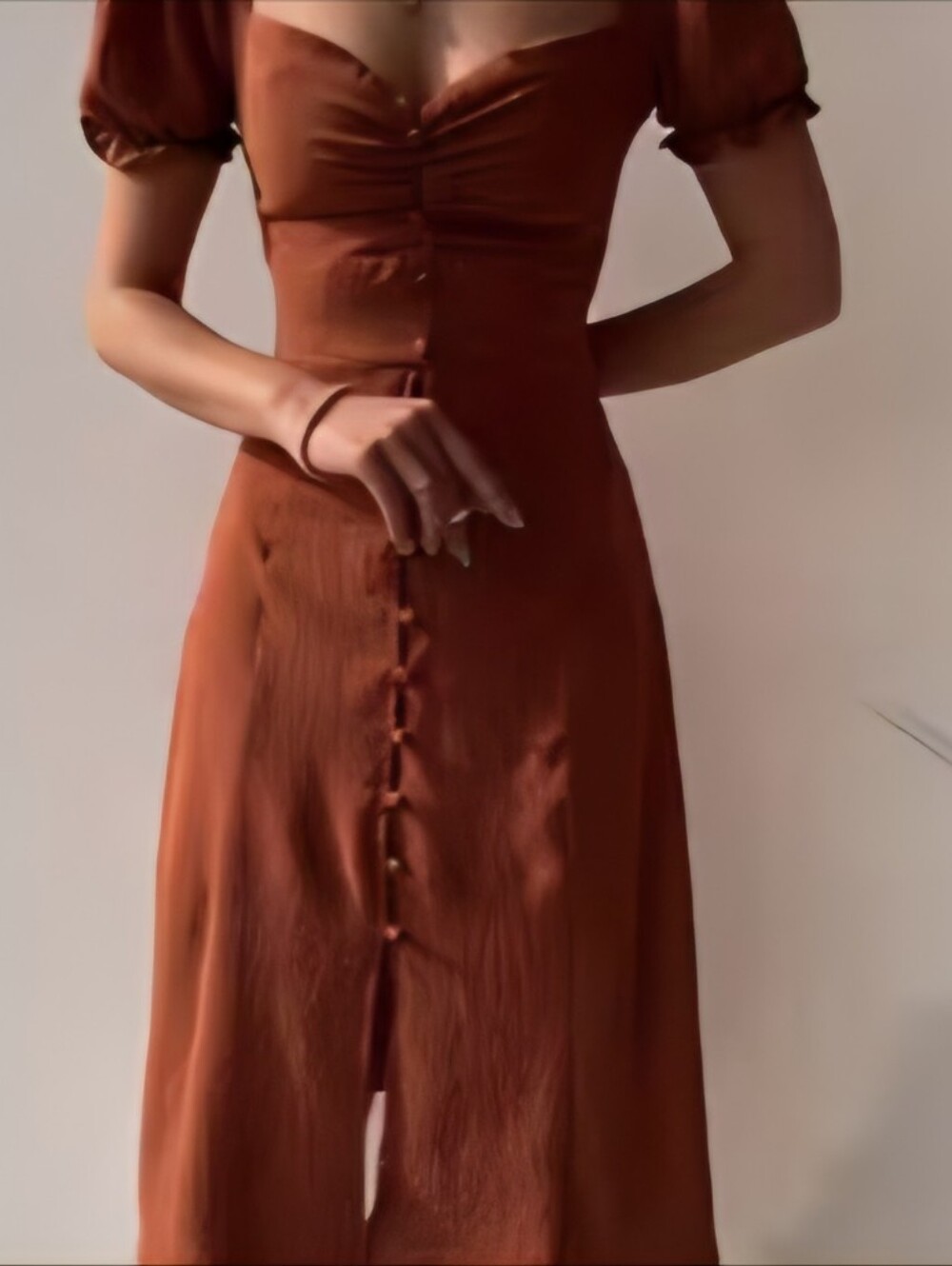 Puff Sleeve Flowy Button-Front Midi Dress Camel Brown Sz L